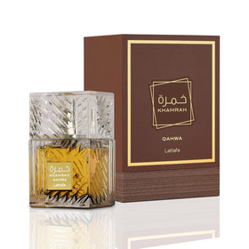 Lattafa Khamrah Qahwa Eau de Parfum bottle side view