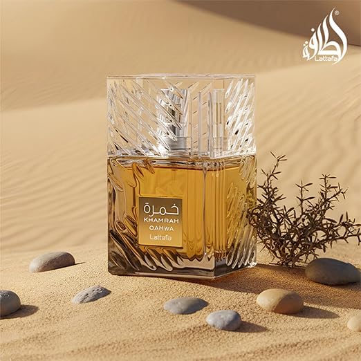 Lattafa Khamrah Qahwa Eau de Parfum with floral background