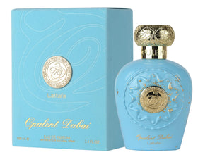 Lattafa Opulent Dubai bottle side view showcasing elegant design