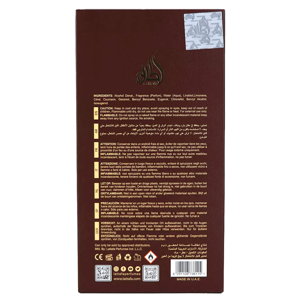 Lattafa Pride Eternal Oud Eau de Parfum Spray label details