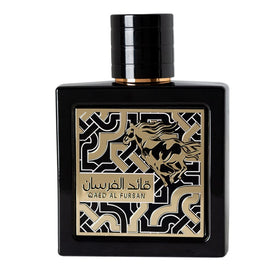 Lattafa Qaed Al Fursan packaging with floral background