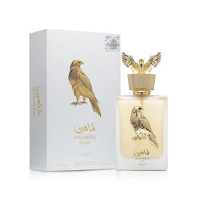 Lattafa Shaheen Gold Eau de Parfum Spray 3.4 Ounce bottle close-up