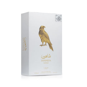 Lattafa Shaheen Gold Eau de Parfum Spray 3.4 Ounce packaging