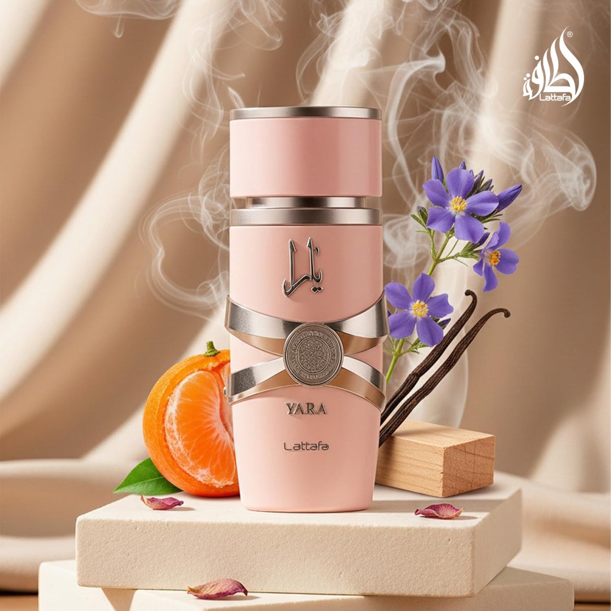 Lattafa Yara Eau de Parfum bottle on vanity