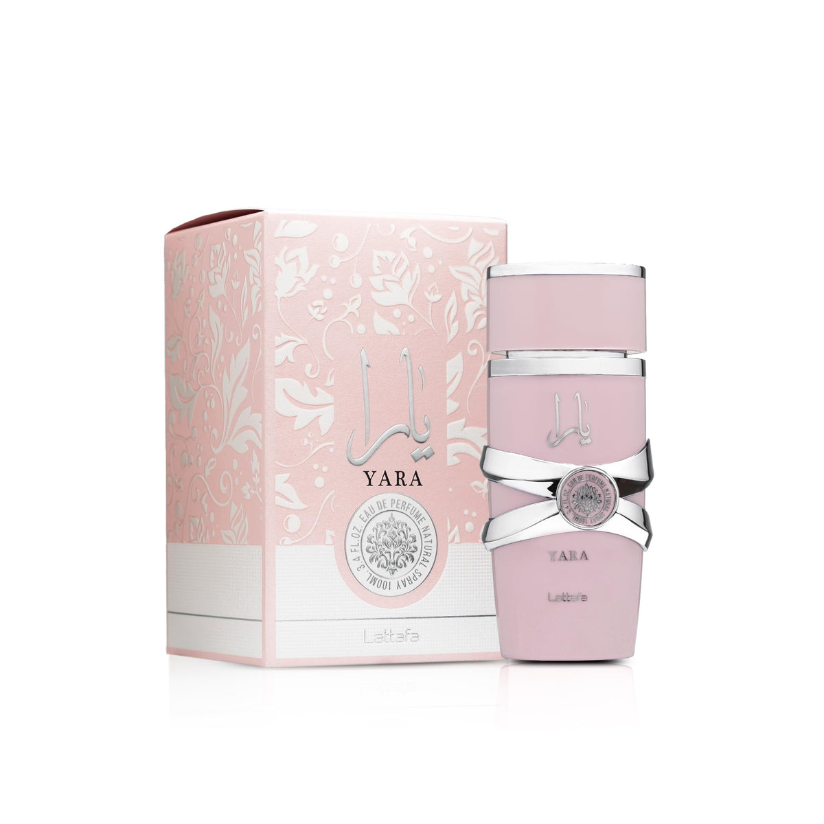 Lattafa Yara Eau de Parfum bottle with floral background