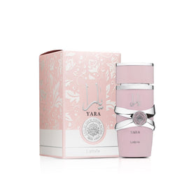 Lattafa Yara Eau de Parfum bottle with floral background