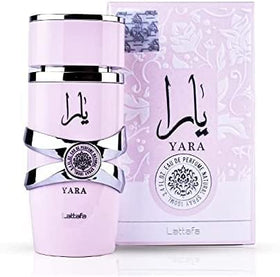 Lattafa Yara Moi fragrance bottle with elegant decor