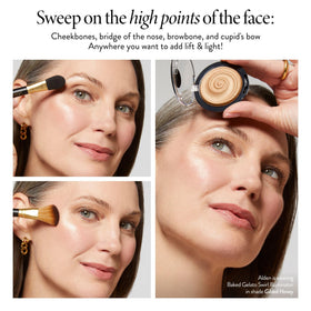 LAURA GELLER Baked Gelato Swirl Illuminator Gilded Honey application on cheek