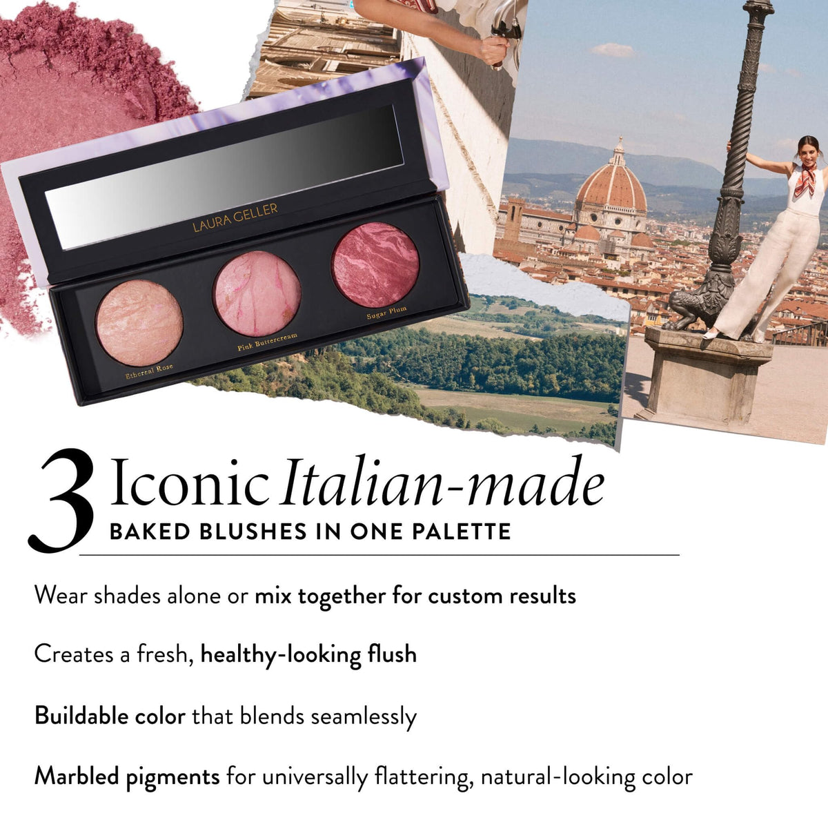 LAURA GELLER Geller's Greatest Blush Palette open with applicator