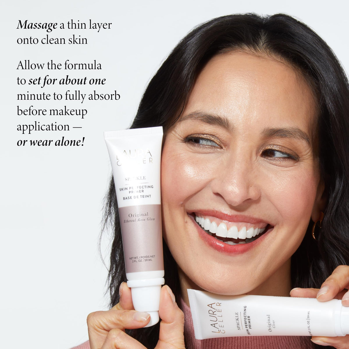 LAURA GELLER Spackle Makeup Primer Ethereal Rose Glow with floral background