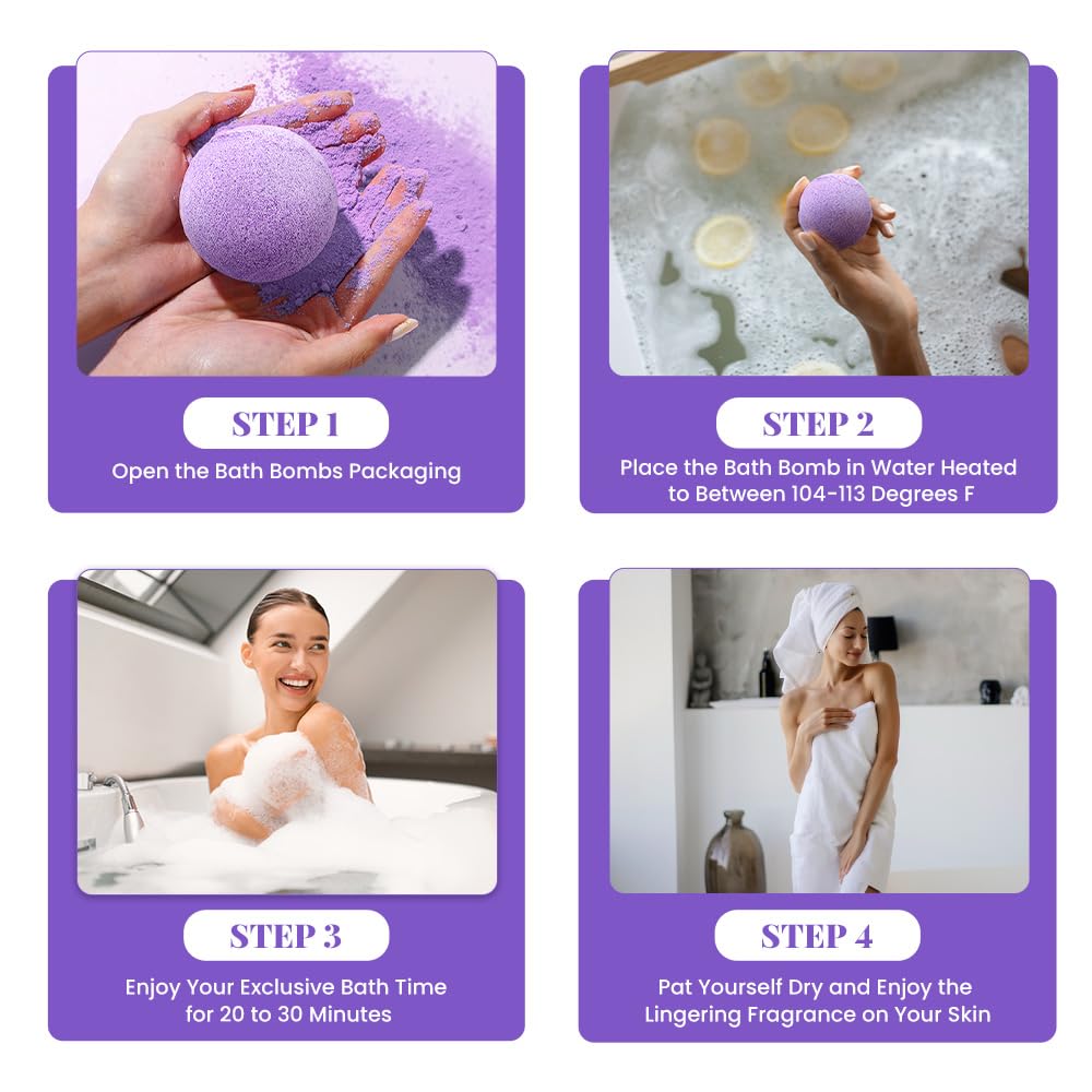 Lavender bath bomb in a relaxing bath setting
