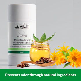 Lavilin Natural Deodorant on a bathroom shelf