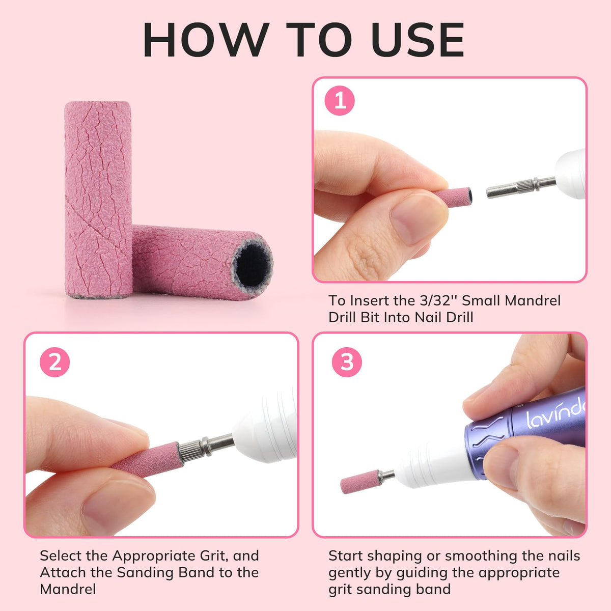 Lavinda sanding bands in use on acrylic nails