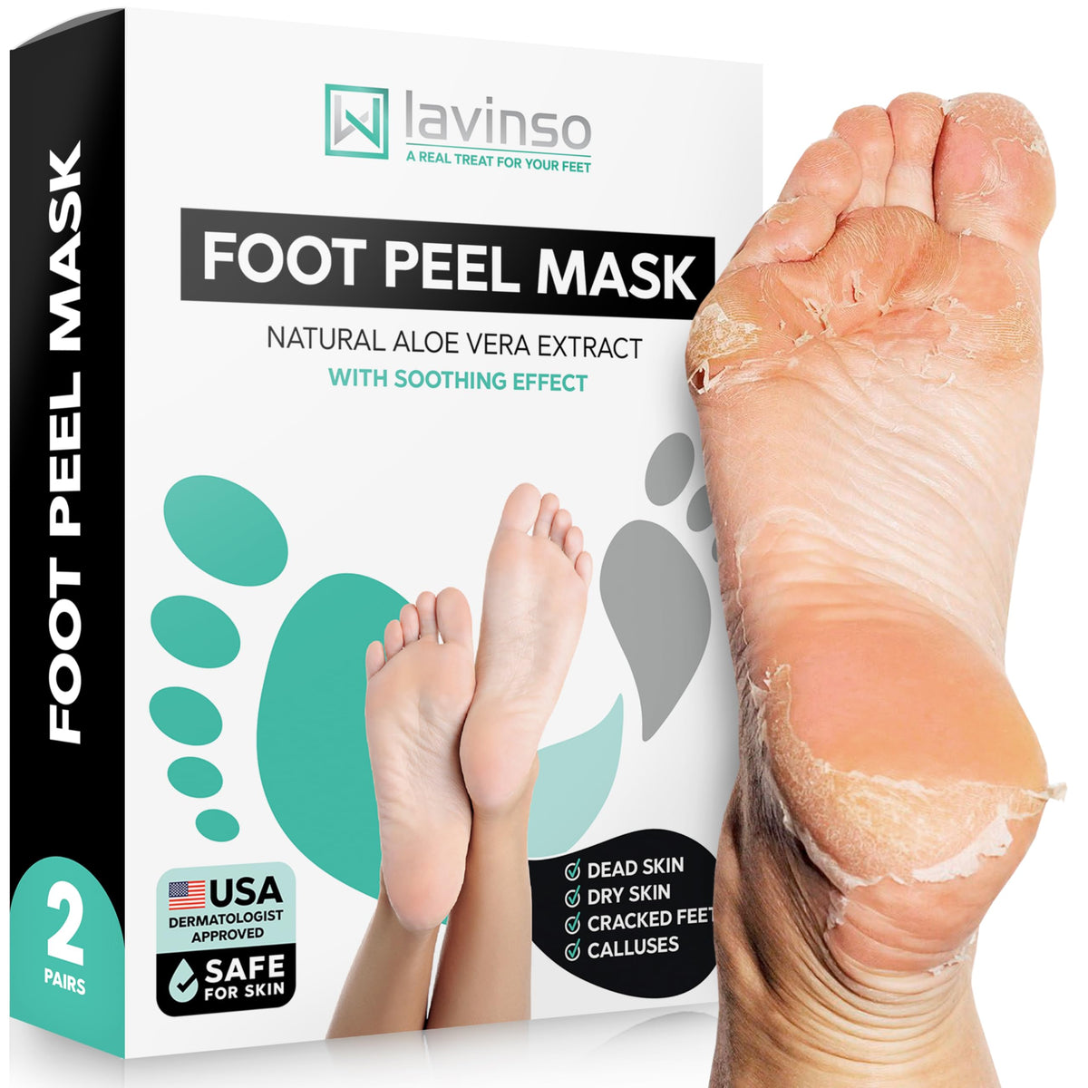 Lavinso Foot Peel Mask 2 Pack front view with packaging