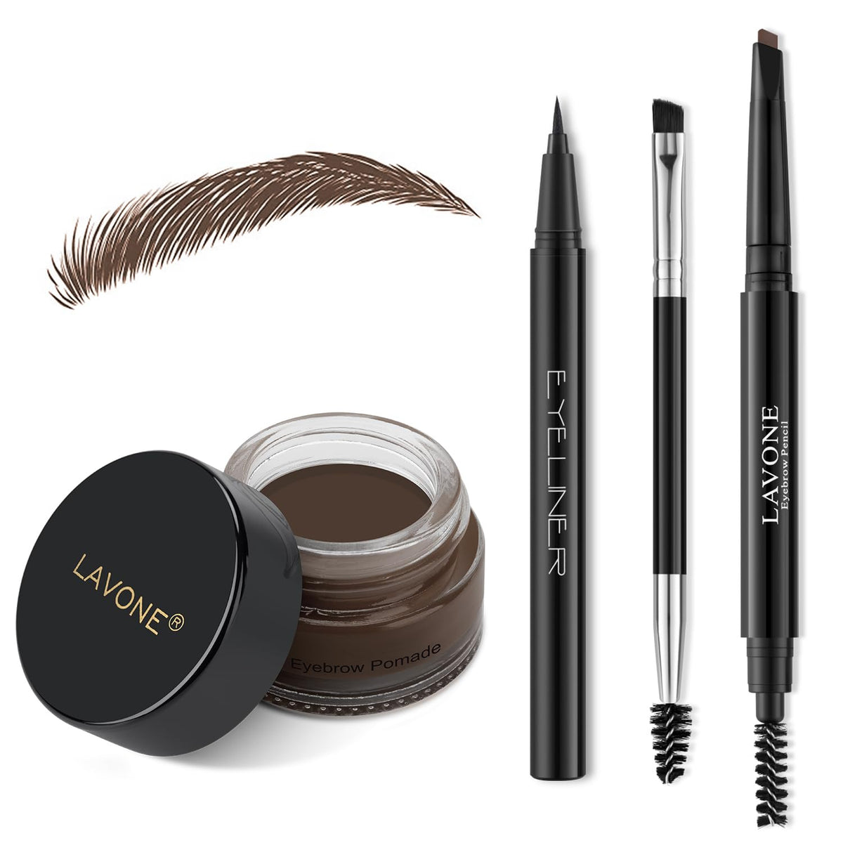 LAVONE Eyebrow Kit contents including pomade, pencil, and eyeliner