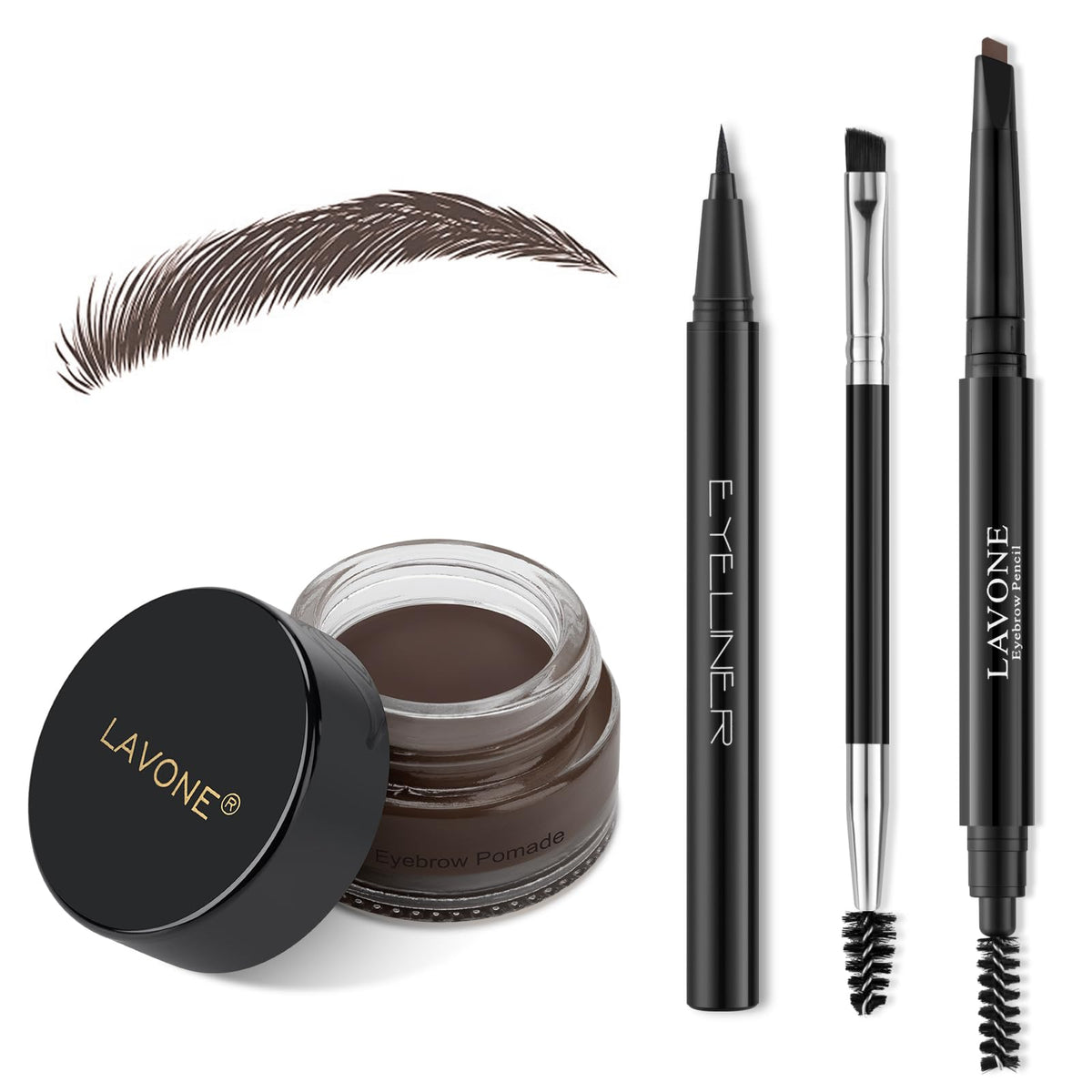 LAVONE Eyebrow Kit contents including pomade, pencil, and eyeliner in dark coffee