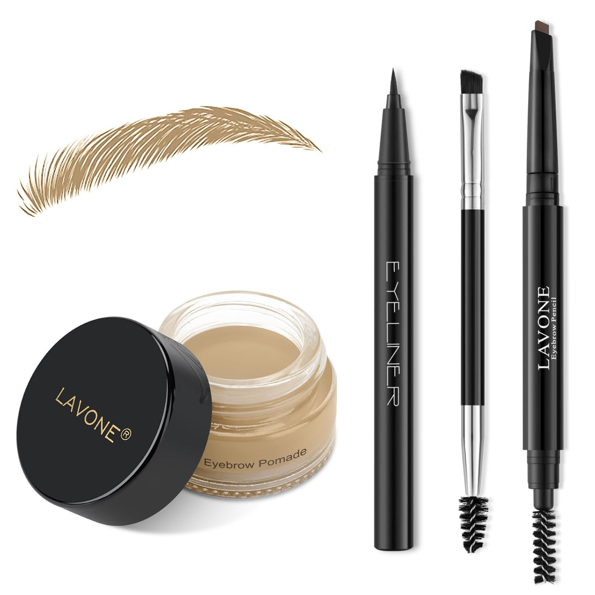 LAVONE Eyebrow Makeup Kit contents including brow pencil and pomade