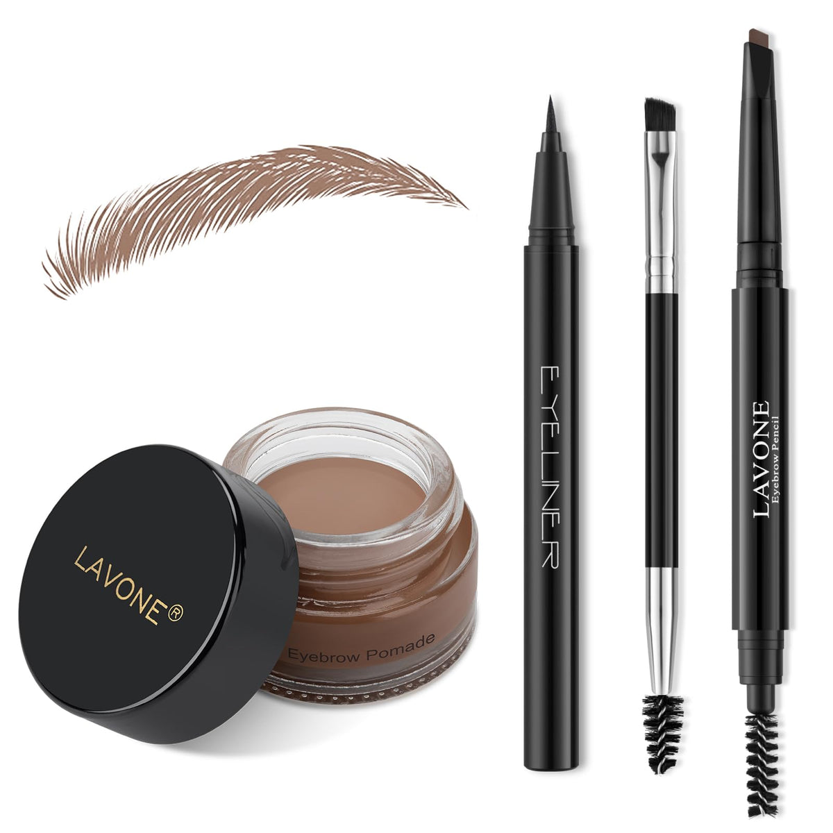 LAVONE Eyebrow Makeup Kit contents including pomade, pencil, and eyeliner