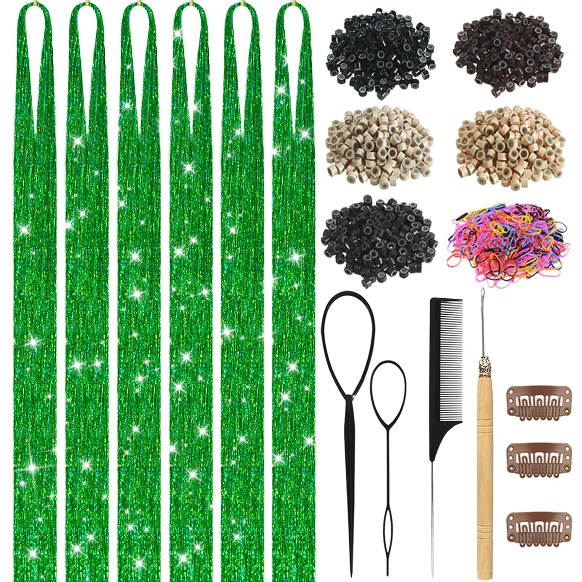 LEDIZE Hair Tinsel Kit contents including strands and tools