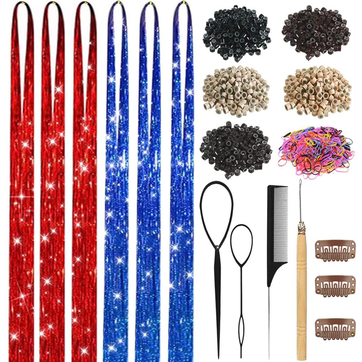 LEDIZE Hair Tinsel Kit contents with rainbow tinsel strands