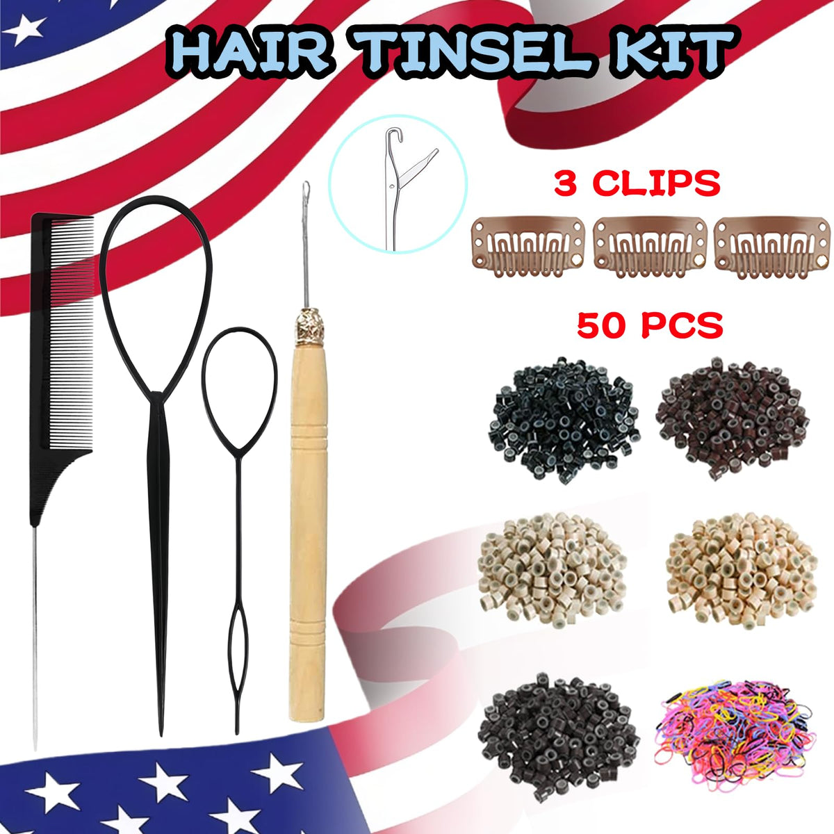 LEDIZE Hair Tinsel Kit tools including crochet and clips