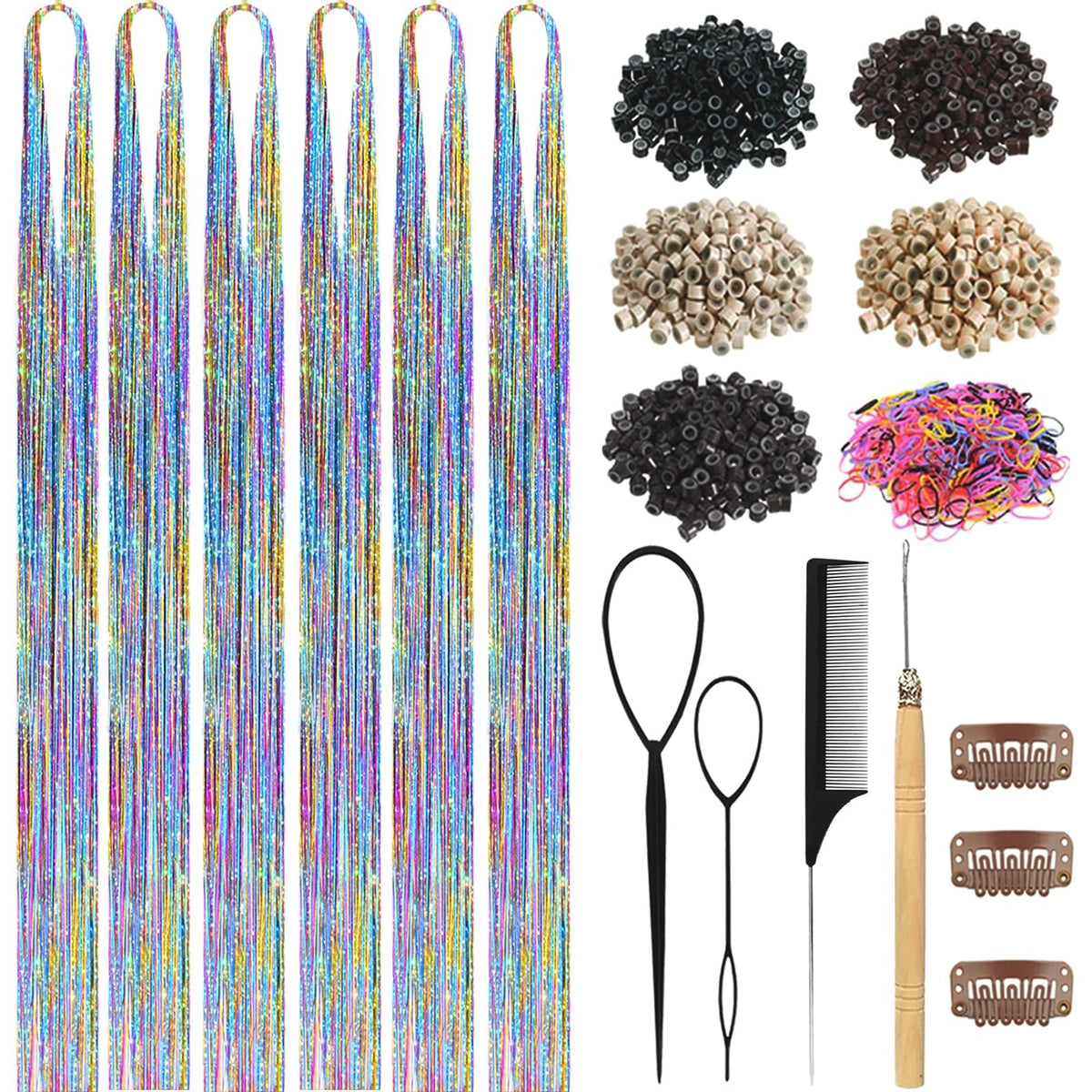 LEDIZE Rainbow Hair Tinsel Kit contents including strands and tools