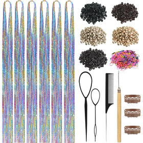 LEDIZE Rainbow Hair Tinsel Kit contents including strands and tools
