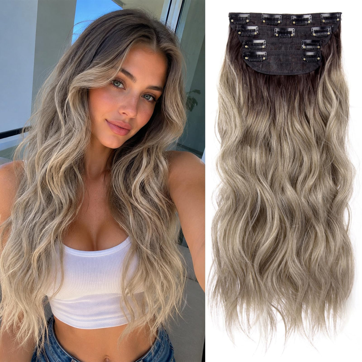 LEEONS 20-inch blonde wavy clip-in hair extensions front view