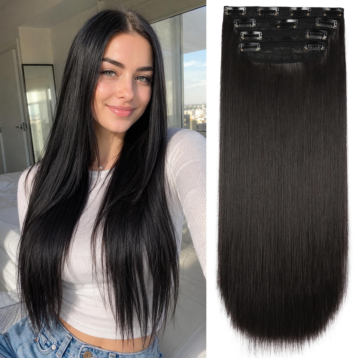 LEEONS 20 Inch Dark Brown-Black Clip In Hair Extensions front view