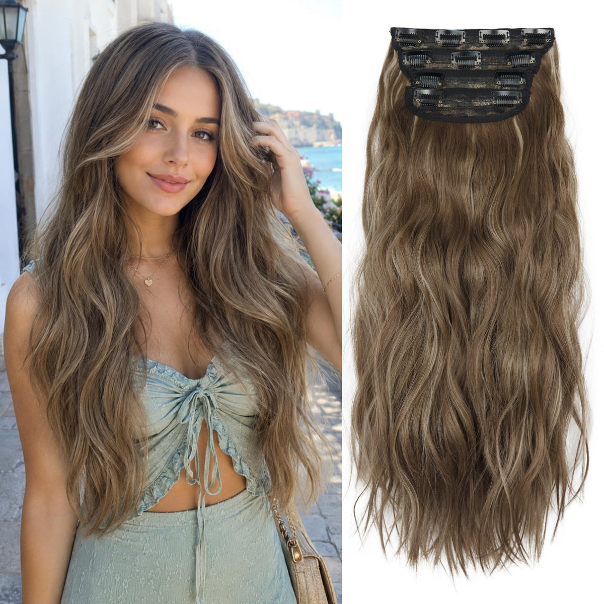 LEEONS Clip in Hair Extensions Honey Blonde Mixed Chestnut Brown front view