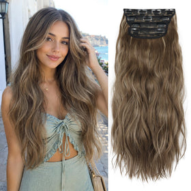 LEEONS Clip in Hair Extensions Honey Blonde Mixed Chestnut Brown front view