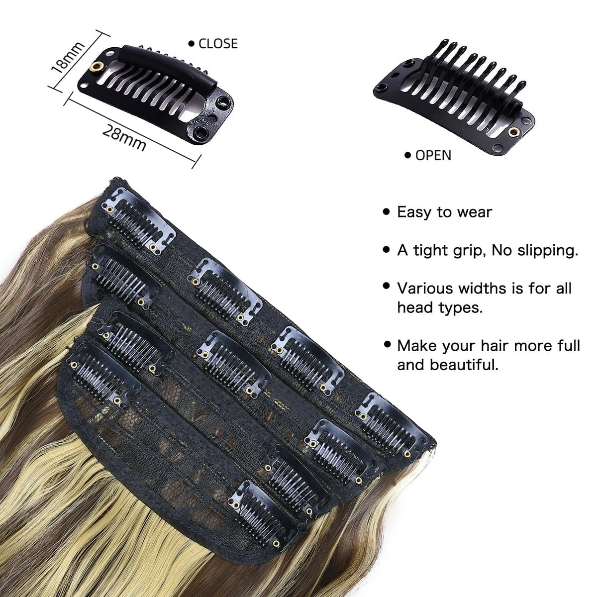 LEEONS Clip in Synthetic Hair Extensions 20 Inch wavy close-up of clips