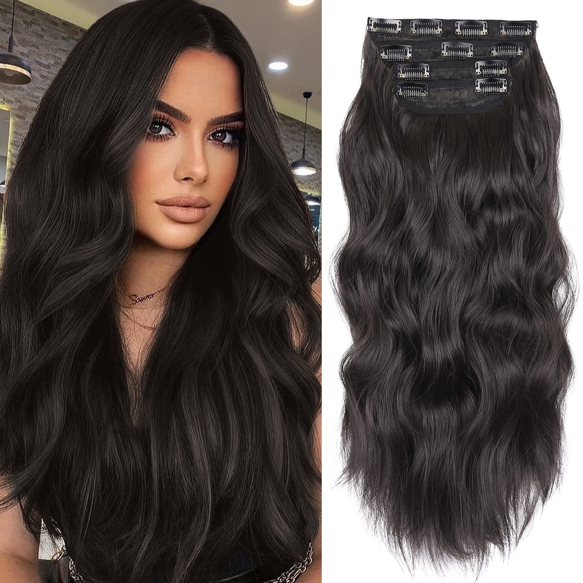 LEEONS Clip in Synthetic Hair Extensions 20 Inch wavy front view