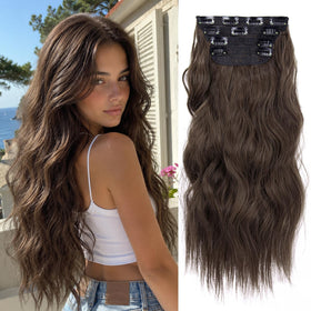 LEEONS Double Weft Synthetic Hair Extensions 20 Inch Chestnut Brown front view
