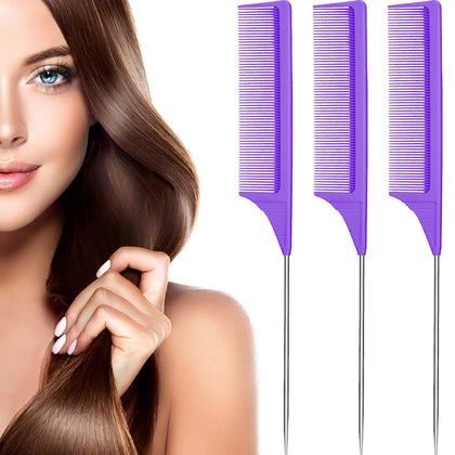 Leinuosen Rat Tail Comb 3 Pack front view with stainless steel pintail