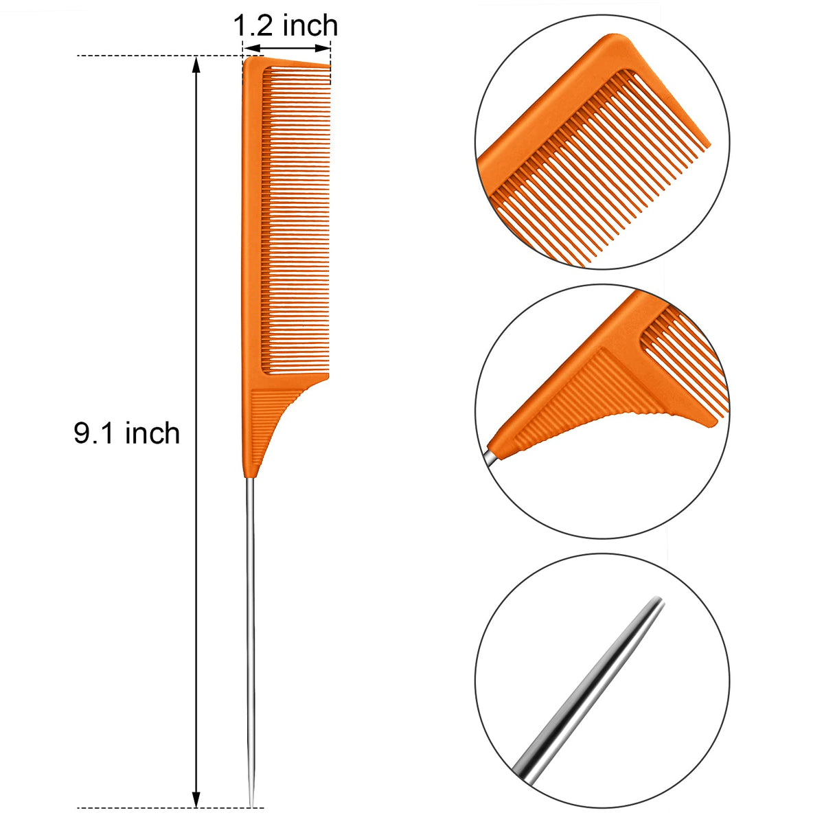 Leinuosen rat tail comb showing stainless steel pintail