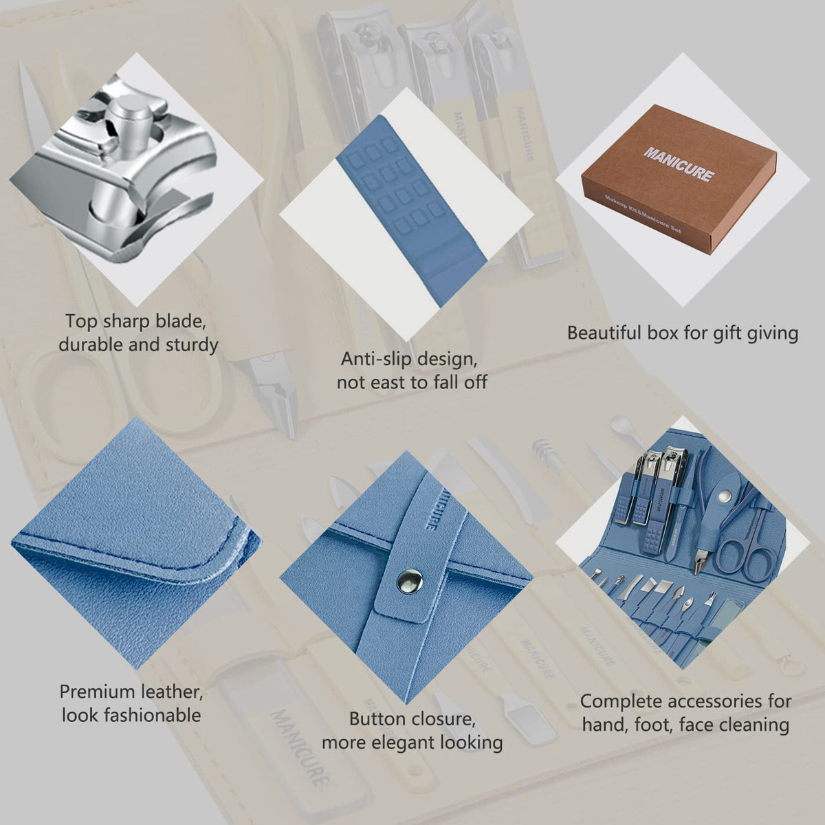 Leipple Manicure Set tools arranged neatly in leather case