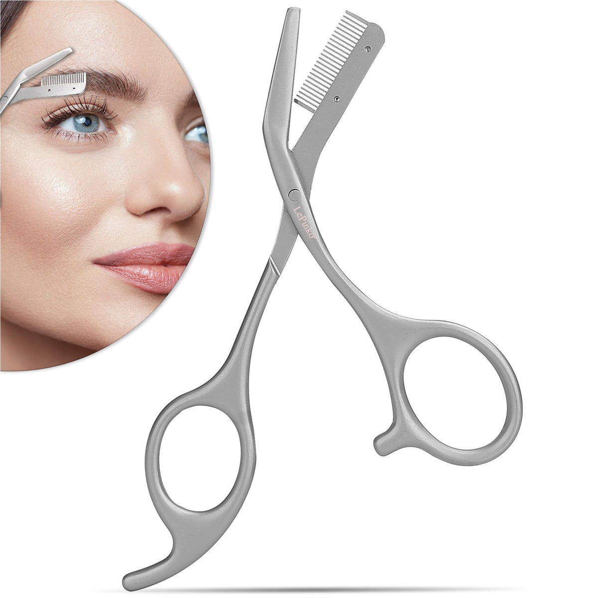 LePinko Eyebrow Trimming Scissors with Combs, stainless steel front view