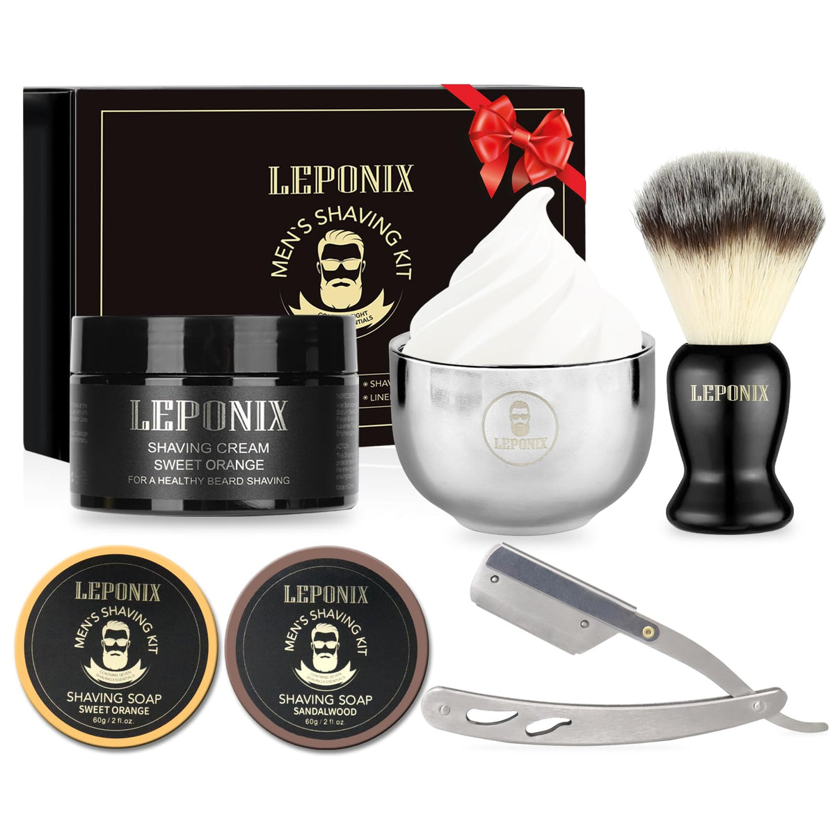 LEPONIX Straight Razor Shaving Kit front view with all components