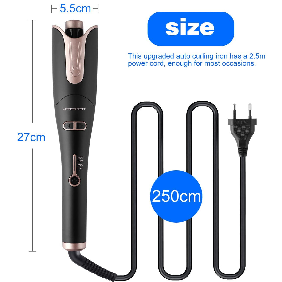 LESCOLTON Automatic Hair Curling Iron showing temperature settings