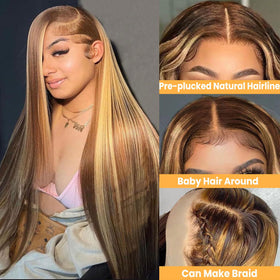 LETMIEO 28 Inch Ombre Lace Front Wig Honey Blonde side view