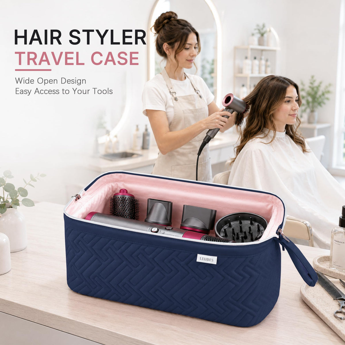 Leudes Hair Tools Travel Bag compact design on a travel suitcase