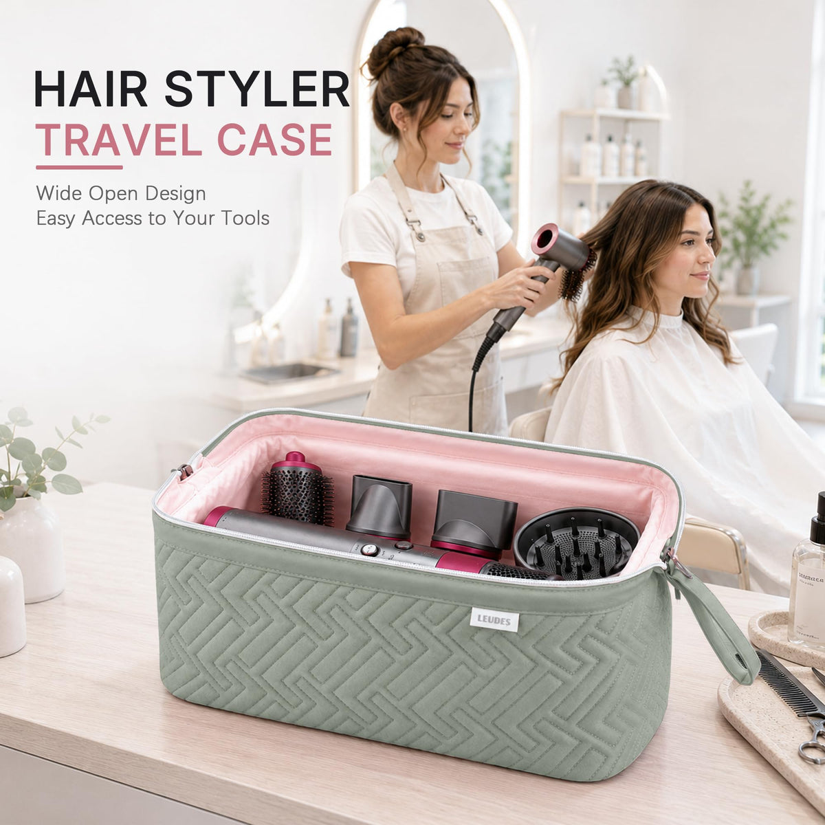 Leudes Hair Tools Travel Bag hanging on a wall
