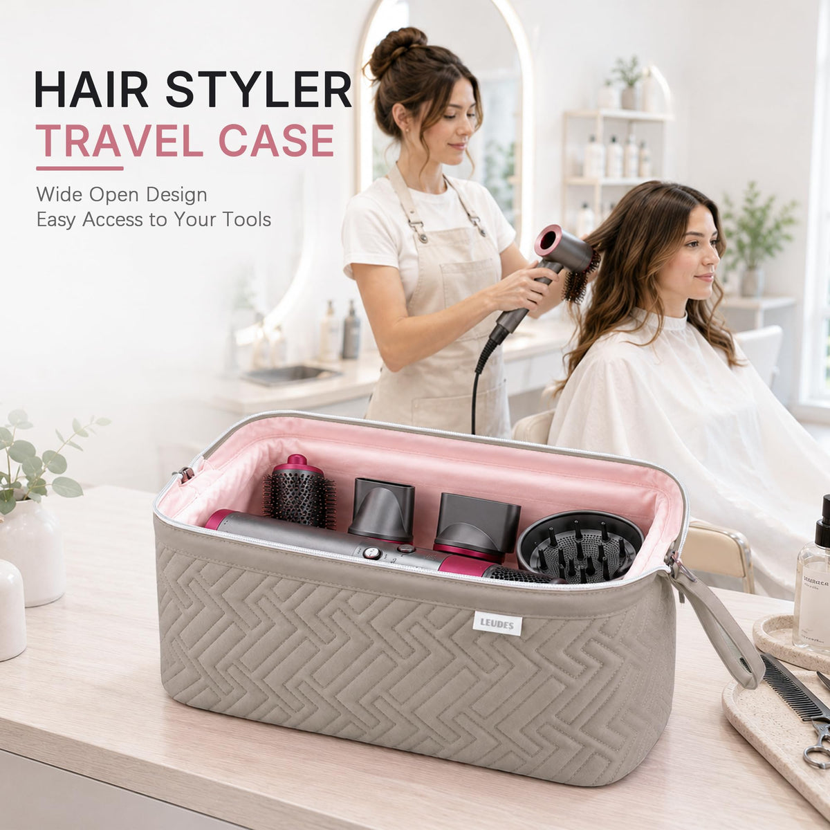 Leudes Hair Tools Travel Bag with Shark Flexstyle and accessories inside