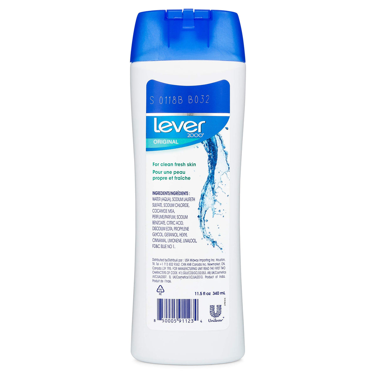 Lever 2000 Body Wash side view showing product details