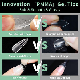 LEYKOSH Long Stiletto Nail Tips displayed with nail art tools