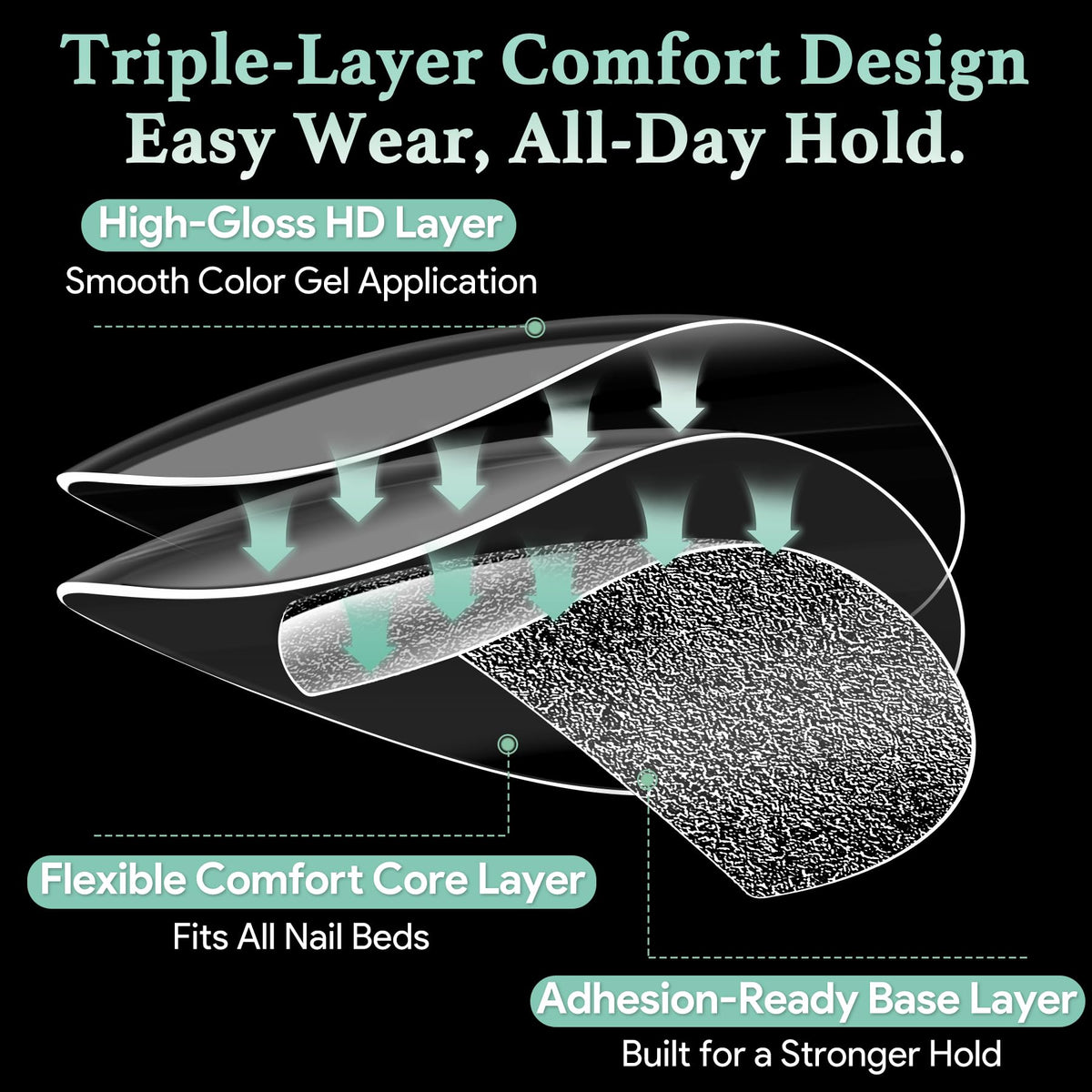 LEYKOSH Medium Almond Nail Tips displayed with nail art tools