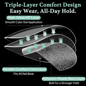 LEYKOSH Medium Almond Nail Tips displayed with nail art tools
