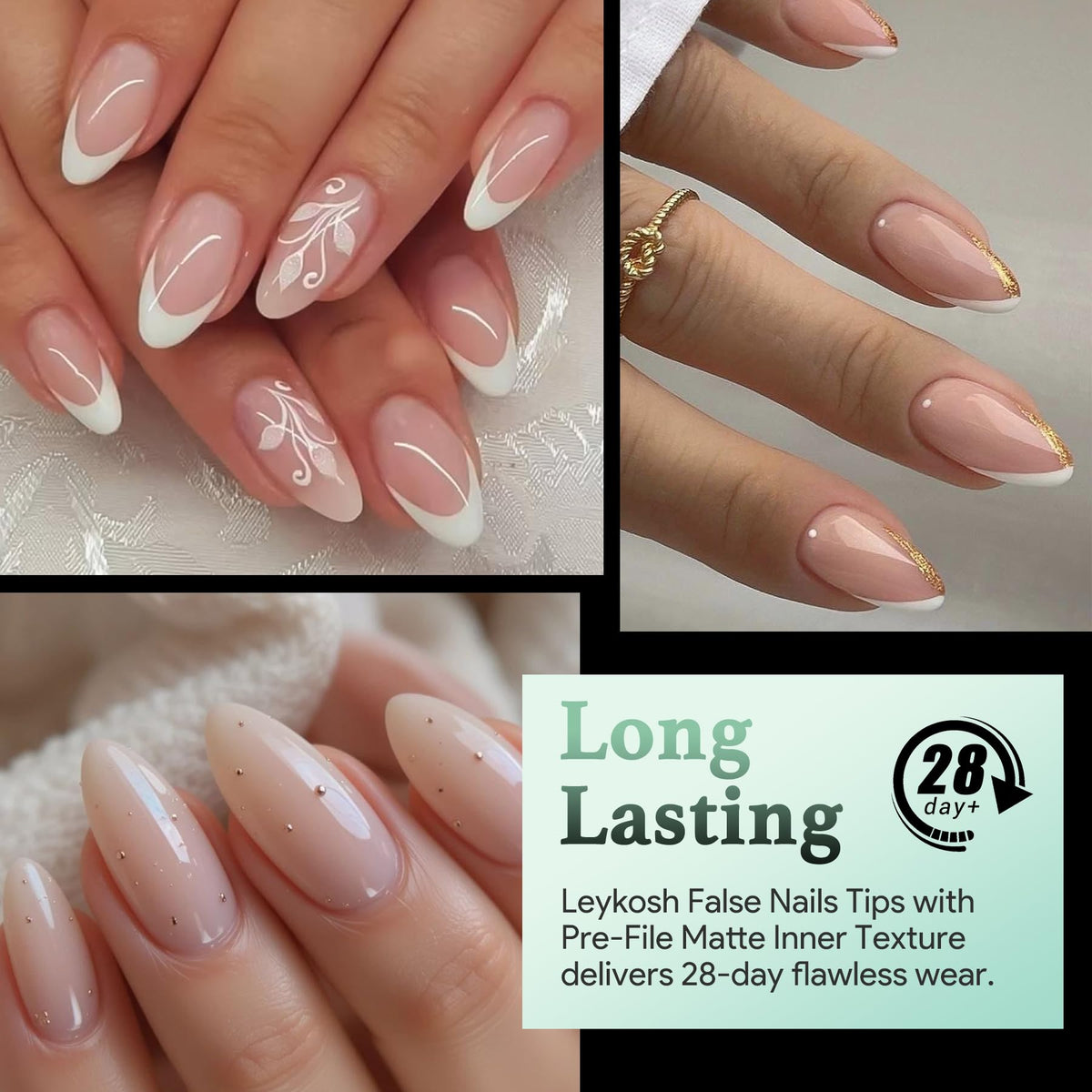 LEYKOSH Short Almond Nail Tips 15 sizes packaging