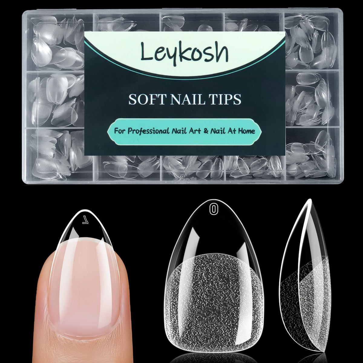 LEYKOSH Short Almond Nail Tips 240 PCS clear acrylic front view
